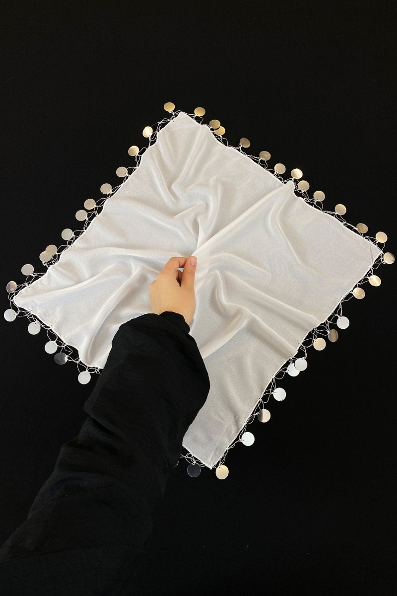 Büyük Boy Şifon Halay Mendili, 50x50cm Beyaz Gümüş 1 Adet, Gelin Damat Düğün Kına Sünnet Nişan Bride