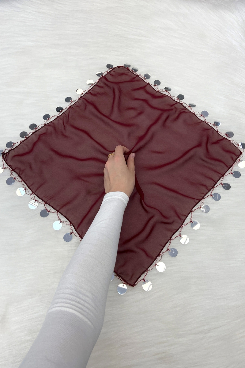 Büyük Boy Şifon Halay Mendili, 50x50cm Bordo Gümüş 1 Adet, Gelin Damat Düğün Kına Sünnet Söz Bride