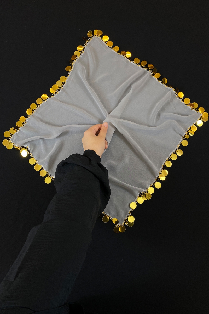 Büyük Boy Şifon Halay Mendili, 50x50cm Gri Gold 1 Adet, Gelin Damat Düğün Kına Sünnet Söz Bride