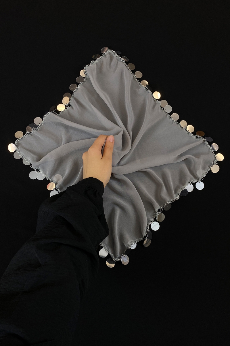 Büyük Boy Şifon Halay Mendili, 50x50cm Gri Gümüş 1 Adet, Gelin Damat Düğün Kına Sünnet Söz Bride