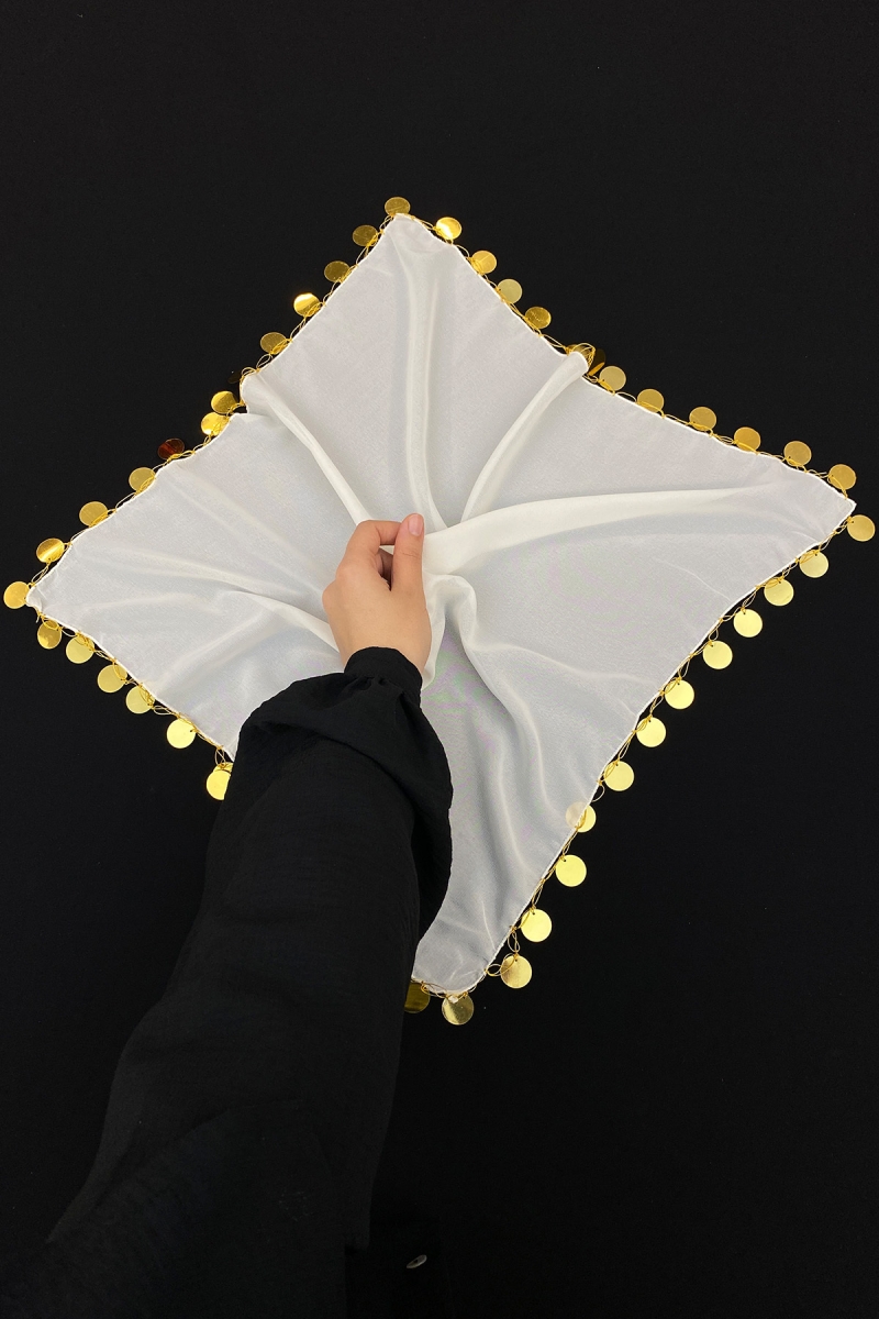 Büyük Boy Şifon Halay Mendili, 50x50cm Krem Gold 1 Adet, Gelin Damat Düğün Kına Sünnet Nişan Bride