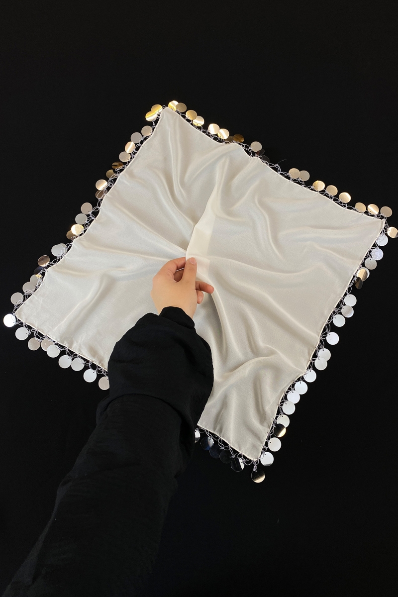 Büyük Boy Şifon Halay Mendili, 50x50cm Krem Gümüş 5 Adet, Gelin Damat Düğün Kına Sünnet Nişan Bride