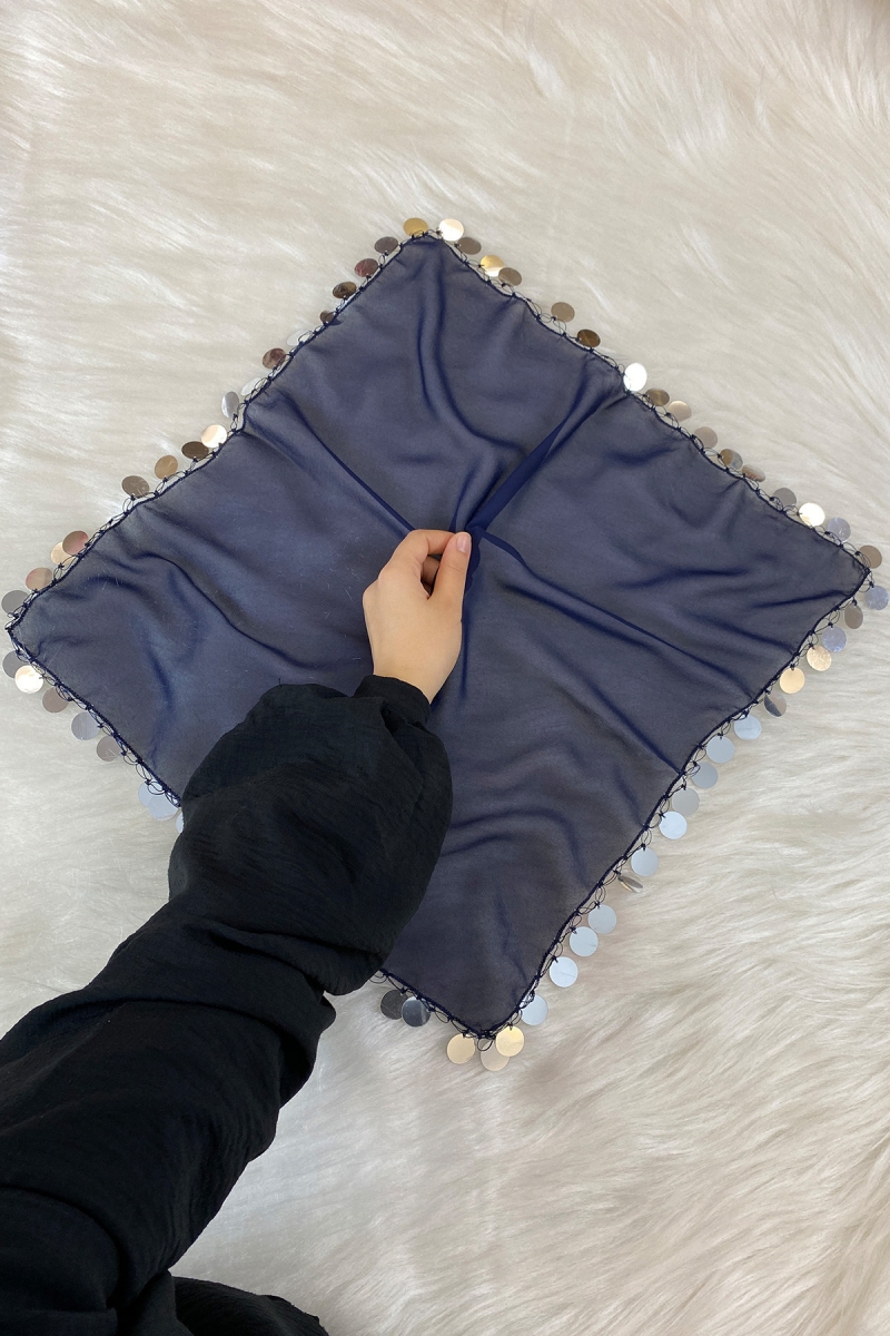Büyük Boy Şifon Halay Mendili, 50x50cm Lacivert Gümüş 5 Adet, Gelin Damat Düğün Kına Sünnet Nişan