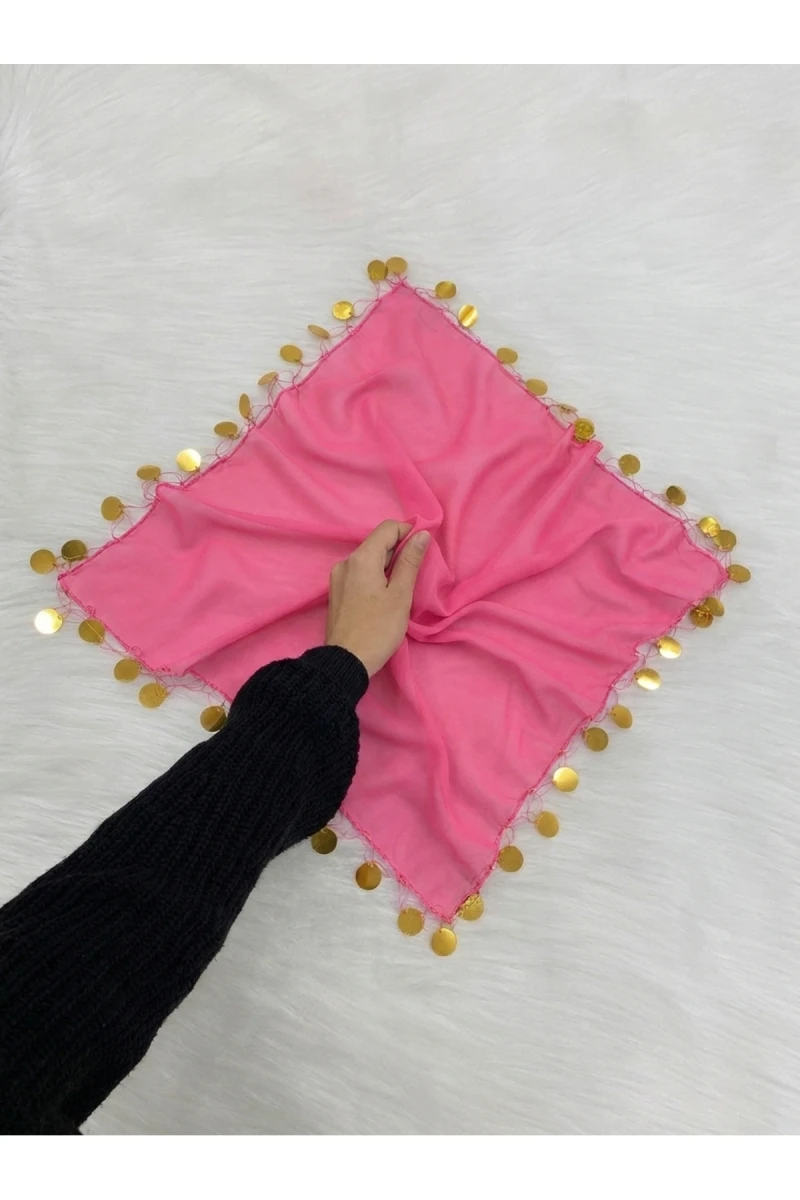 Büyük Boy Şifon Halay Mendili, 50x50cm Pembe Gold 5 Adet, Gelin Damat Düğün Kına Sünnet Nişan Nedime Söz Bride