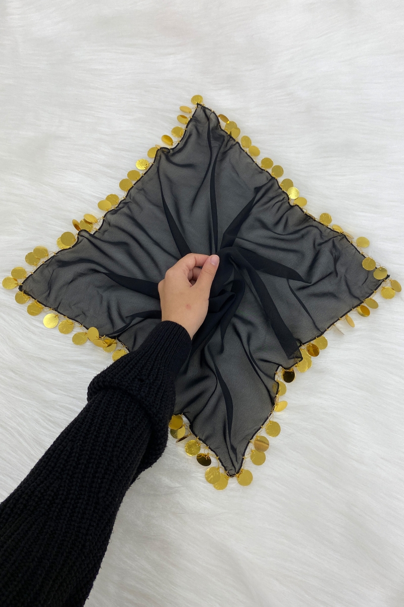 Büyük Boy Şifon Halay Mendili, 50x50cm Siyah Gold 1 Adet, Gelin Damat Düğün Kına Sünnet Nişan Bride