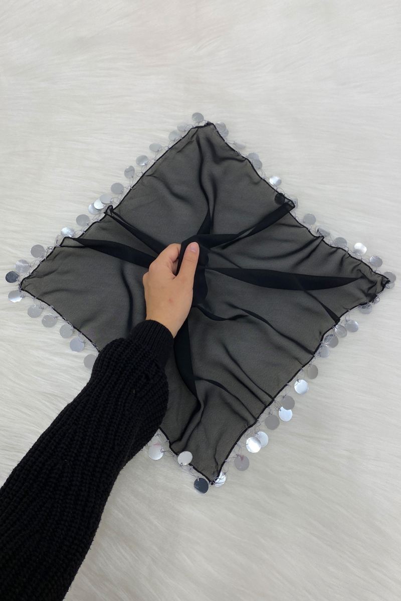 Büyük Boy Şifon Halay Mendili, 50x50cm Siyah Gümüş 5 Adet, Gelin Damat Düğün Kına Sünnet Nişan