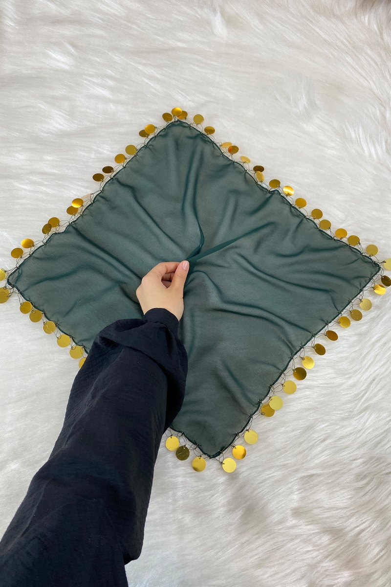 Büyük Boy Şifon Halay Mendili, 50x50cm Yeşil Gold 5 Adet, Gelin Damat Düğün Kına Sünnet Nişan Bride