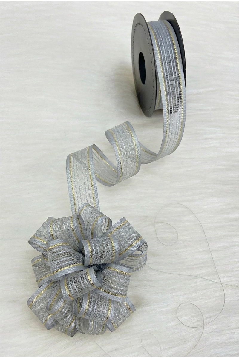 Çekmeli Şifon Kurdele Gri Gold Sim 2,5cm 20mt, Gelin, Bohça, Çeyiz, Nişan, Hediye, Parti, Süsleme