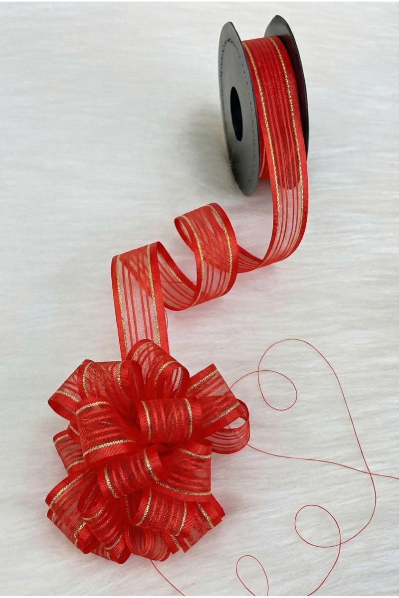 Çekmeli Şifon Kurdele Kırmızı Gold Sim 2,5cm 20mt, Gelin, Bohça, Çeyiz, Nişan, Hediye, Süsleme