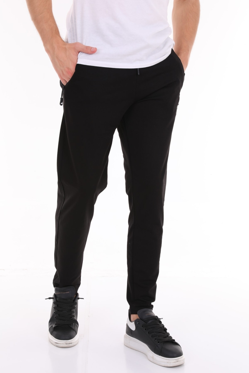 Erkek Siyah Gizli Fermuarlı Dar Paça Eşofman Altı