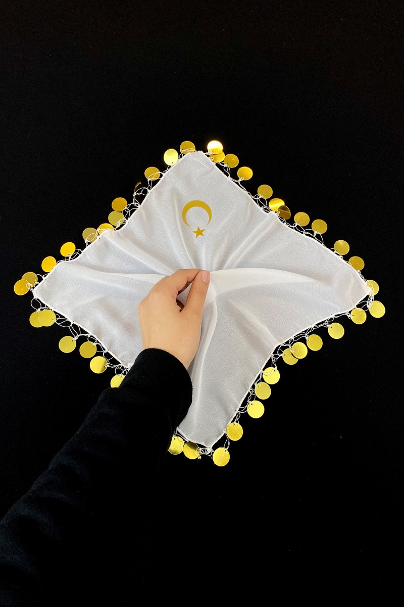 Gelin Damat Ayyıldız Baskılı Şifon Halay Mendili, Düğün Kına Söz Nişan Sünnet, Beyaz Gold 1 Adet