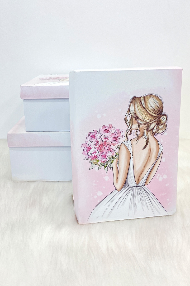 Gelin Desenli Dikdörtgen Çeyiz Kolisi, 3 Adet, Gelin Damat Hediye Nikah Söz Nişan Bohçası Kutusu