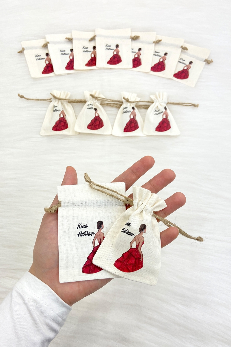 Gelin Figürü Baskılı Dokulu Kese, 10 Adet Ölçü 7x9cm, Hediye Altın Takı Lavanta Söz Nişan Kına Düğün