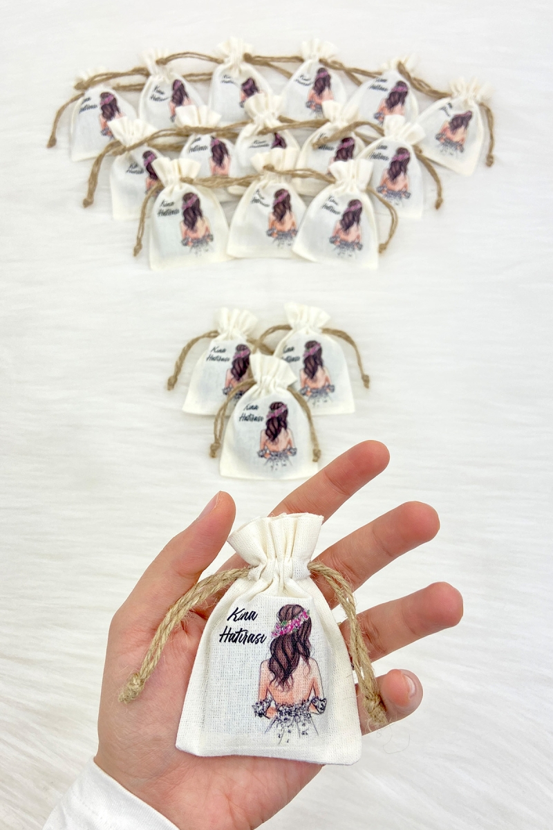 Gelin Figürü Baskılı Dokulu Kese Kınalı, 10 Adet Ölçü 7x9cm, Söz Kına Düğün Nişan Nikah Bride