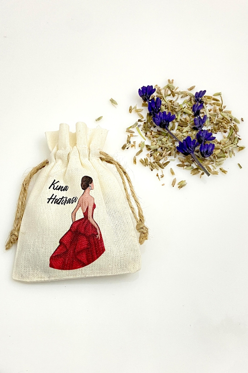 Gelin Figürü Baskılı Dokulu Kese Lavantalı, 10 Adet Ölçü 7x9cm, Söz Kına Düğün Nişan Nikah Bride