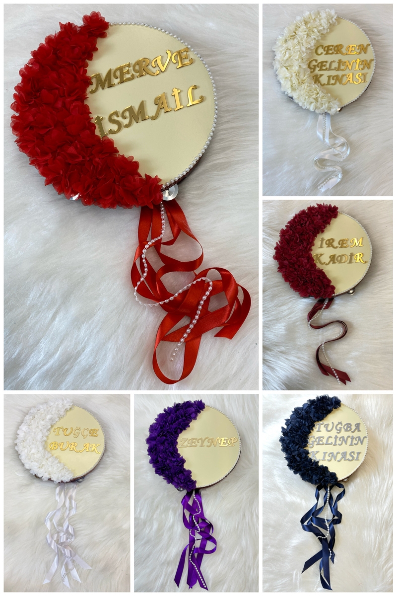 Gelin Tefi 30cm Pleksi Isimli, Üç Boyut Çiçek Kurdele Ve Inci Süslemeli, Düğün Kına Nedime Nişan