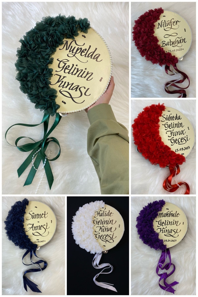 Gelin Tefi 30cm, Üç Boyutlu Çiçek Saten Kurdele Inci Süslü, 15 Renk, Düğün Kına Nedime Bride Defi