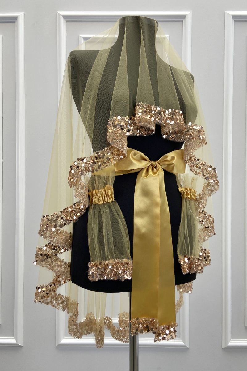 Gold Gelin Duvak Seti, Işıl Işıl Kristal Cam Boncuk, İnci ve Pul İşlemeli Kına Duvağı 6 Parça