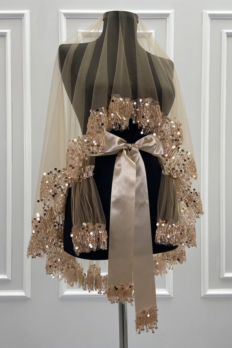 Gold Gelin Duvak Seti, Işıl Işıl Kristal Cam Boncuk Ve Pul İşlemeli Kına Duvağı 6 Parça