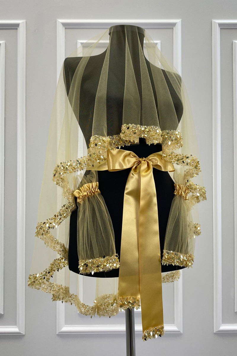 Gold Gelin Duvak Seti, Pullu Boncuklu İncili Su Taşlı Yaprak Desenli Kına Duvağı Seti 6 Parça