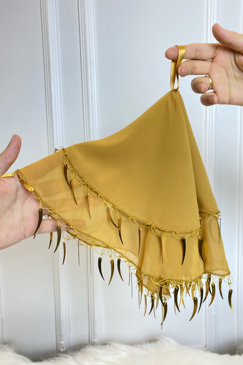 Gold Gelin Halay Mendili, Çift Katlı Şifon Kumaş Kılıç Pullu Mendil 50cm