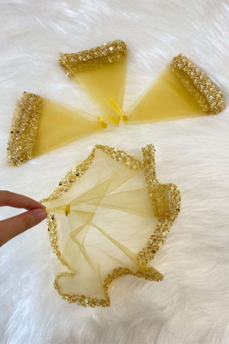 Gold Gelin Mendili Halay El Mendili Zarif Su Taşlı Pullu Boncuklu Pul Payet