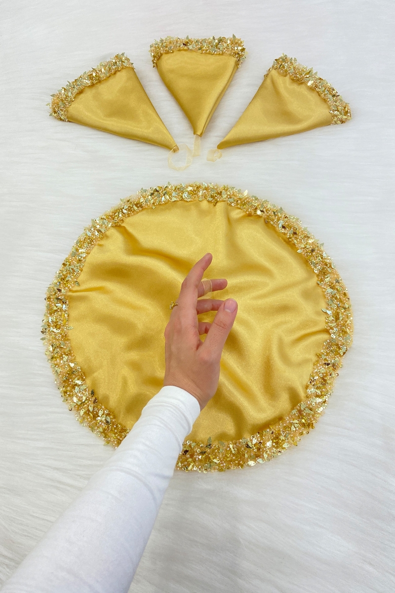 Gold Gelin Mendili, Pullu Cam Boncuklu İncili Yaprak Detaylı, Düğün Kına Söz Bride Sünnet