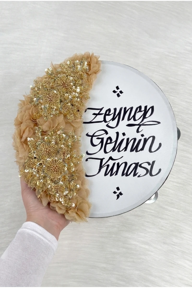 Gold Gelin Tefi 30 Cm, Kaligrafi Ve Vip Aplik Süslemeli, Düğün Sünnet Kına Nedime Nikah Nişan Söz Bride Parti Bekarlığa Veda Partisi Gelin Damat