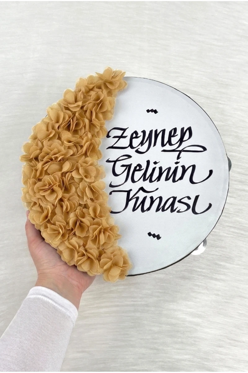 Gold Gelin Tefi 30 Cm, Kaligrafi Ve Lazer Çiçek Süslemeli, Düğün Sünnet Kına Nedime Nikah Nişan Söz Bride Parti Bekarlığa Veda Partisi Gelin Damat