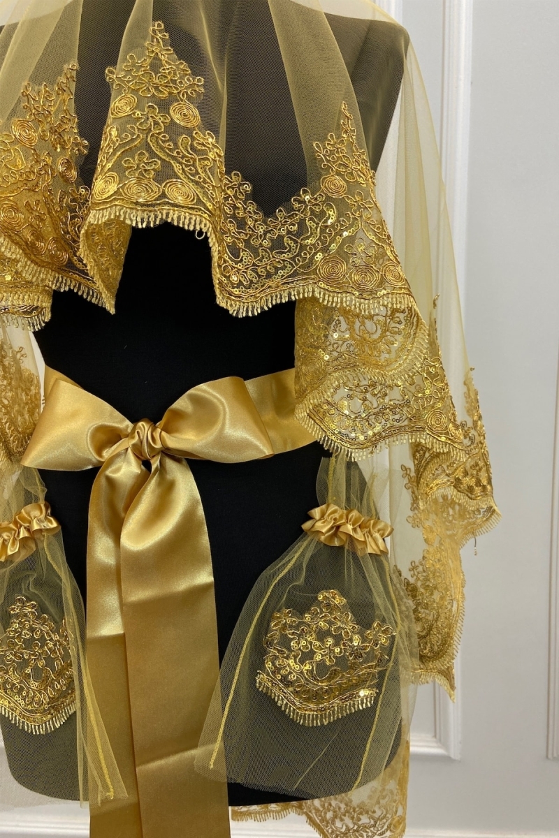 Gold Işıl Işıl Güpürlü Gelin Kına Duvağı Seti Düğün Kına Gecesi Yüz Örtüsü Duvak Kuşak Eldiven