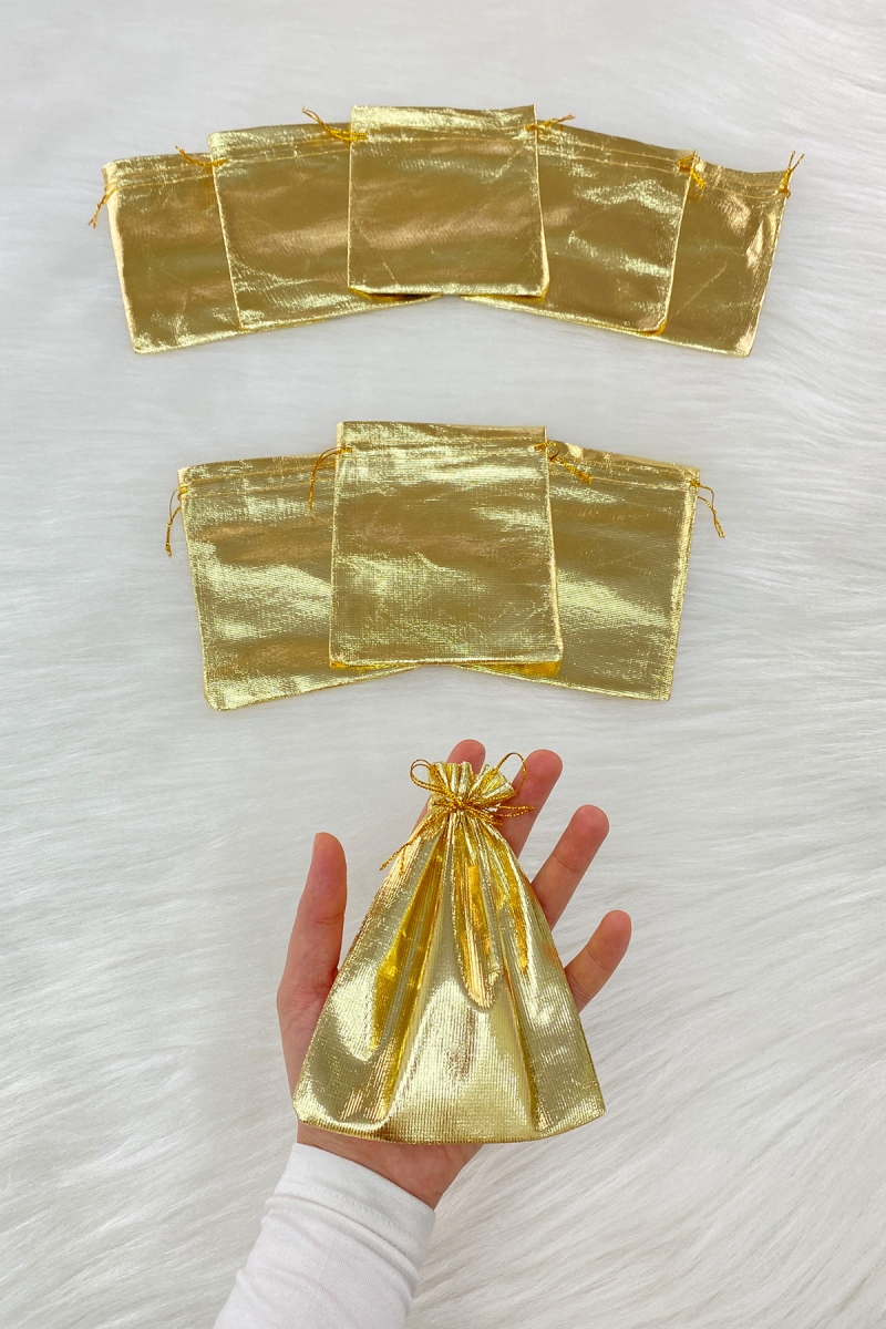 Gold Lame Kese 50 Adet Ölçü 12x14cm, Kına Çerez Kuruyemiş Altın Takı Söz Hediye Bohça