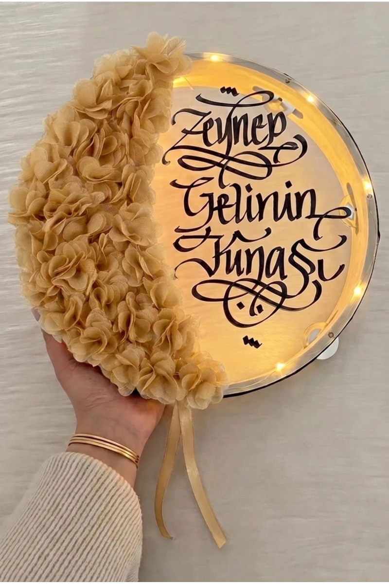 Gold Ledli Şeffaf Gelin Tefi 32cm, 3d Çiçek Süslemeli, Düğün Sünnet Kına Nedime Bride Parti