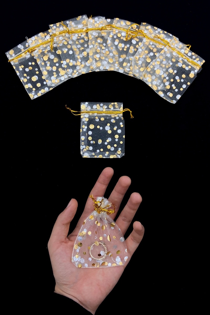 Gold Minik Kese, Kına Düğün Nikah Nişan Hediye Çerez Altın Takı, Puantiyeli 50 Adet, Ölçü 7x9cm