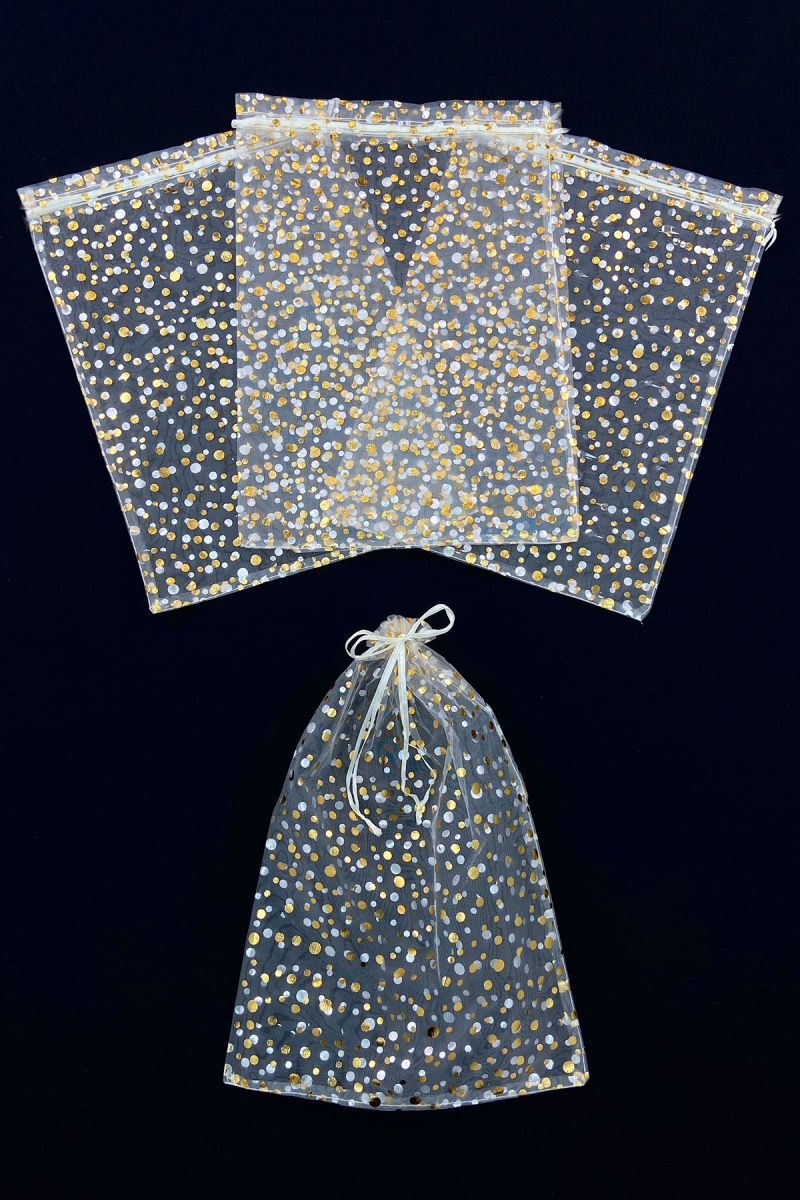 Gold Puantiye Tül Kese, 50 Adet Ölçü 24x34cm, Gelin Havlu Terlik Seccade Bohça Çeyiz Hediye Kesesi