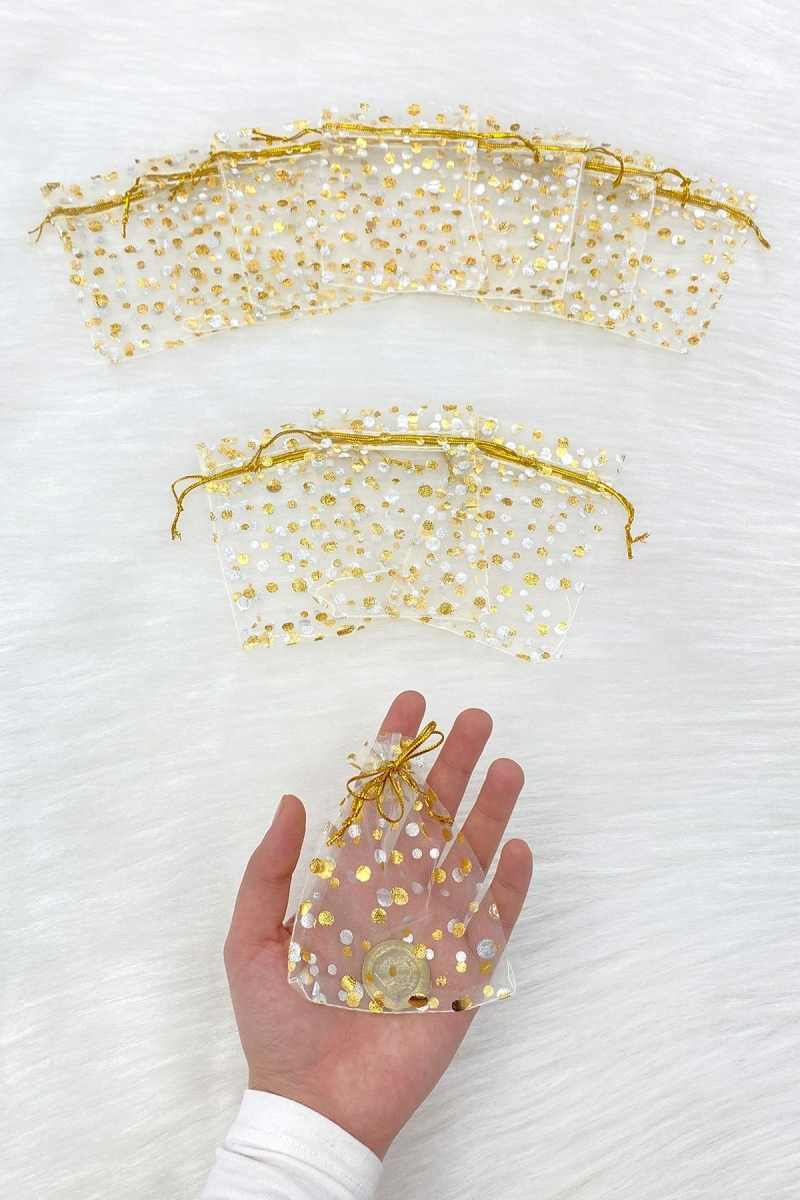 Gold Puantiyeli Kına Çerez Nişan Hediye Kesesi 50 Adet Ölçü 9x12cm, Nikah Düğün Doğum Mevlüt Sünnet