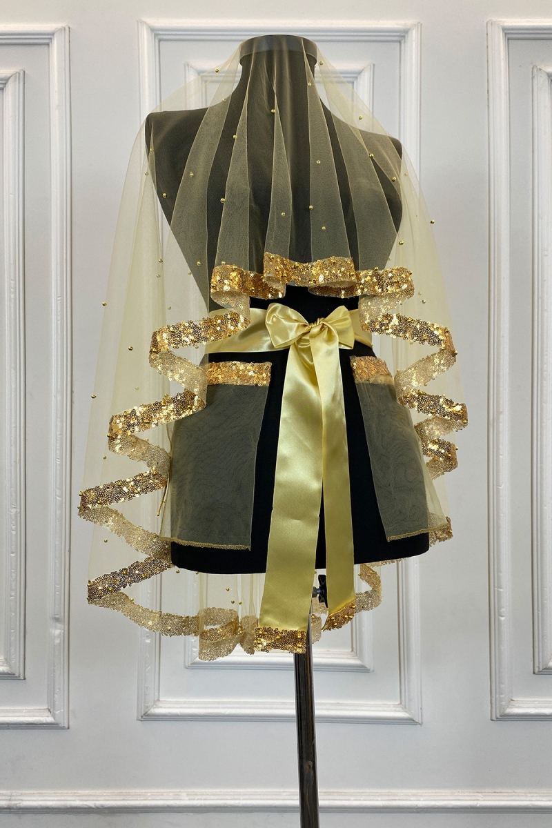 Gold Pul Payet ve İncili Gelin Duvak Seti, Kına Gecesi Duvağı Alı Örtüsü 6 Parça