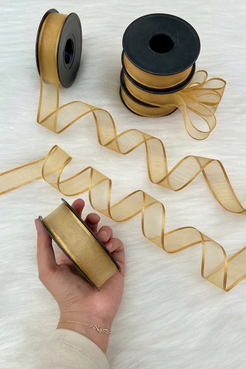 Gold Şifon Kurdele 2,5 cm 20 mt, Gelin, Damat, Bohça, Nişan, Çeyiz, Özel Gün, Hediye, Düğün, Süsü