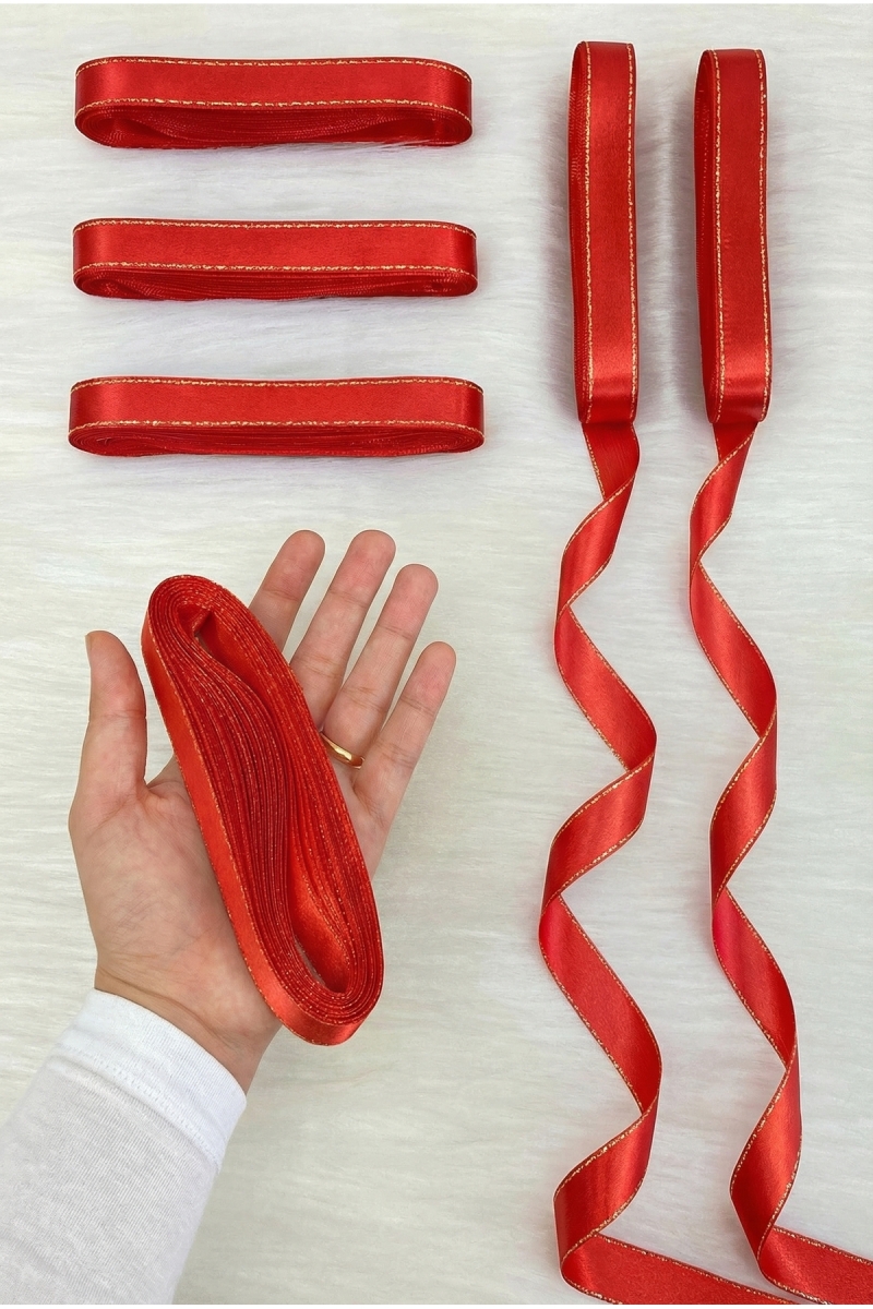 Gold Simli Kırmızı Saten Kurdele 2 Cm 10 Mt, Bohça Çeyiz Nikah Kına Doğum Günü Parti Hediye Süsleme