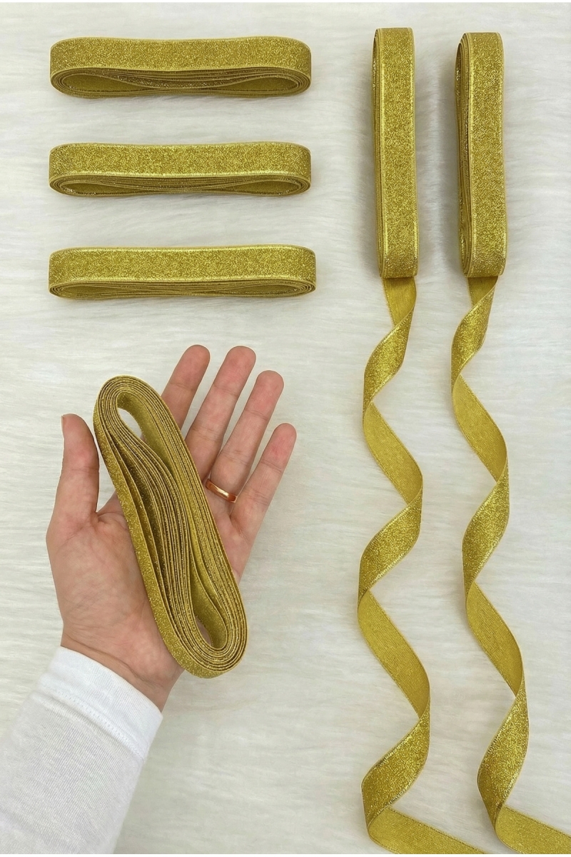 Gold Simli Kurdele 2 Cm 10 Metre, Bohça Çeyiz Bride Nişan Doğum Günü Pasta Hediye Süsleme Kurdelesi