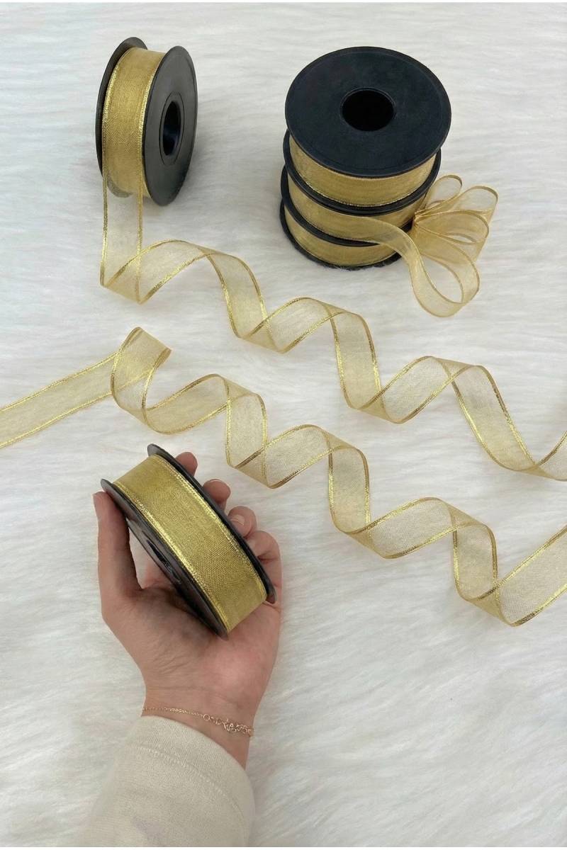 Gold Simli Şifon Kurdele 2,5 cm 20 mt, Gelin, Damat, Bohça, Nişan, Çeyiz, Özel Gün, Hediye, Süsleme