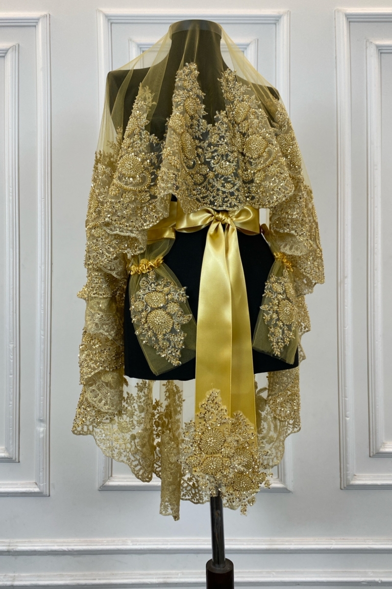 Gold Vıp Deluxe Gelin Duvak Seti, Kına Duvağı 6 Parça Tam Set