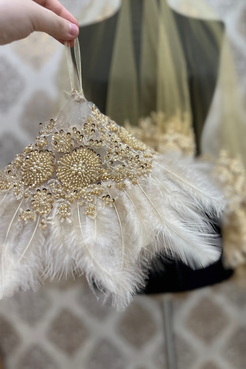 Gold Vip Deluxe Gelin Mendili, Boncuk İnci Pul Detaylı Lüks Aplikli