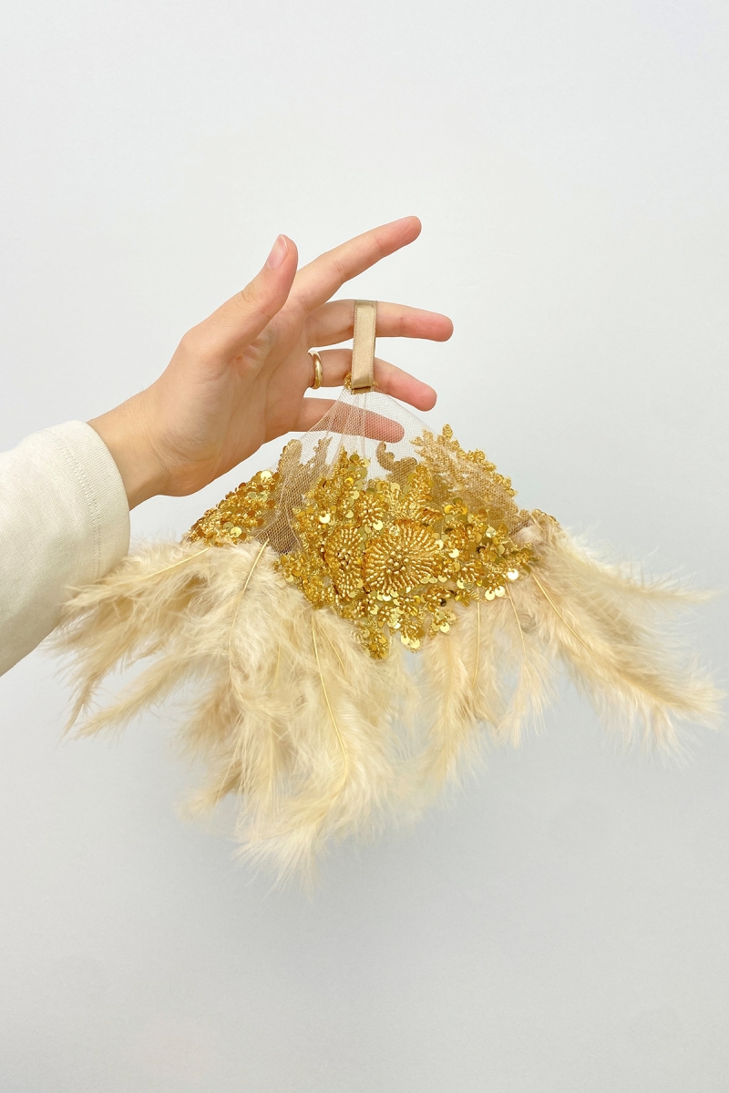 Gold Vip Deluxe Gelin Mendili, Boncuk İnci Pul Detaylı Lüks Aplikli, Kına Düğün Sünnet Nişan Halay