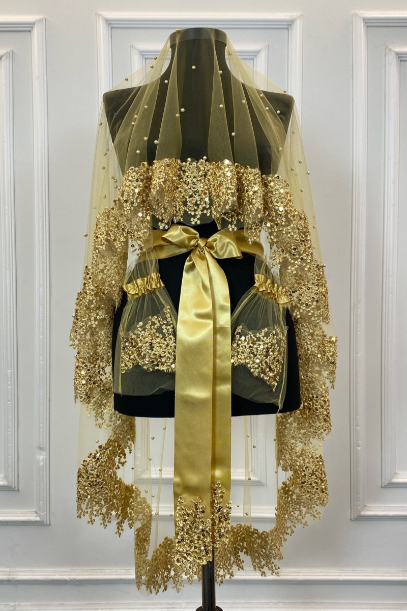 Gold Vip Gelin Duvak Seti, Papatya Güpürlü Boncuklu Pullu Incili Kına Duvağı Seti 6 Parça