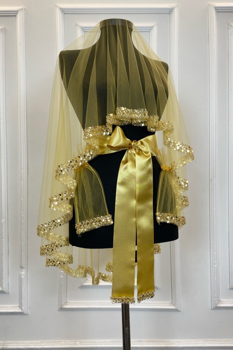 Gold Zarif Gelin Duvak Seti, Su Taşlı Pul Payet Kına Duvağı Seti 6 Parça