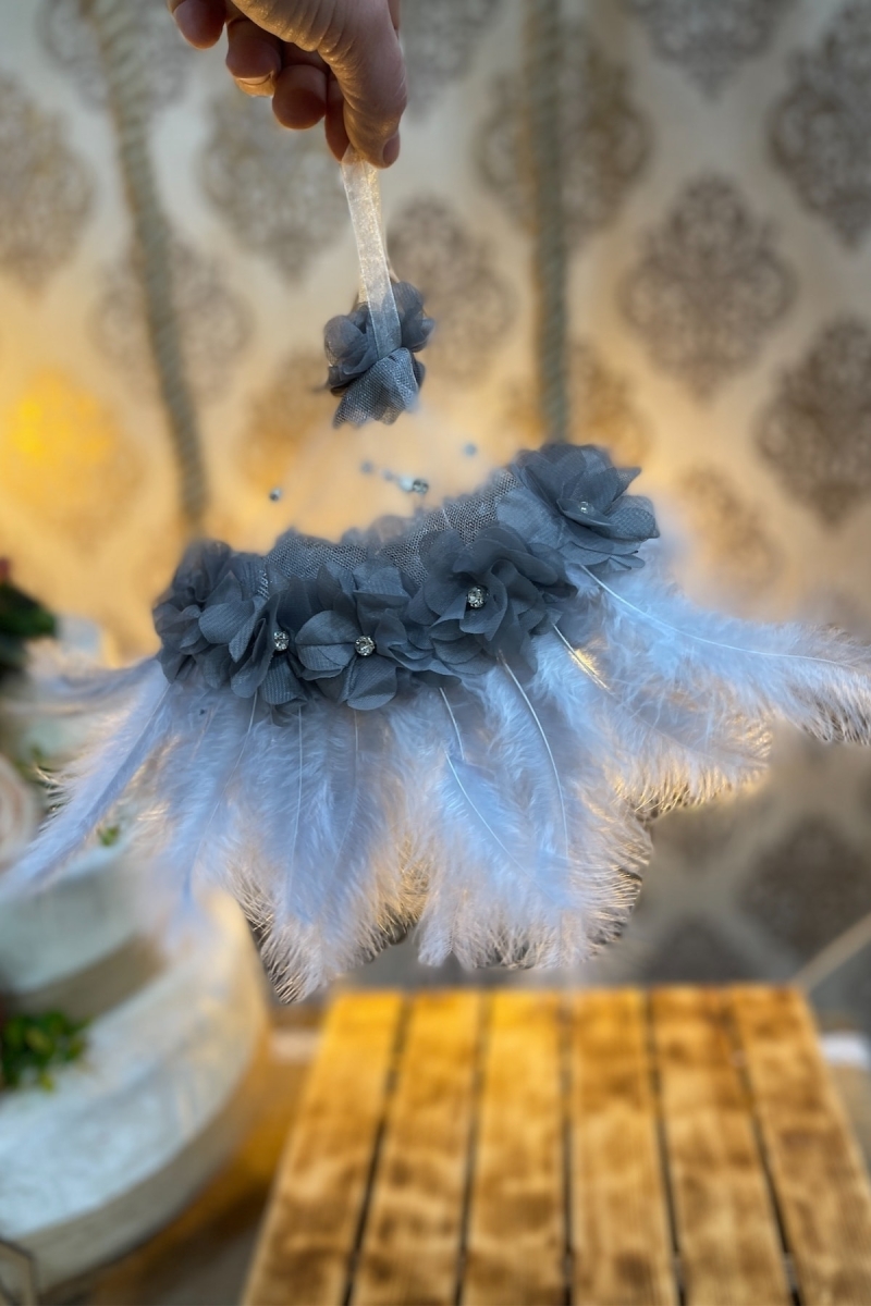 Gri Gelin Damat El Mendili, Üç Boyutlu Çiçek Tüy Taş Süslemeli, Düğün Kına Arnavut Sünnet Söz Halay