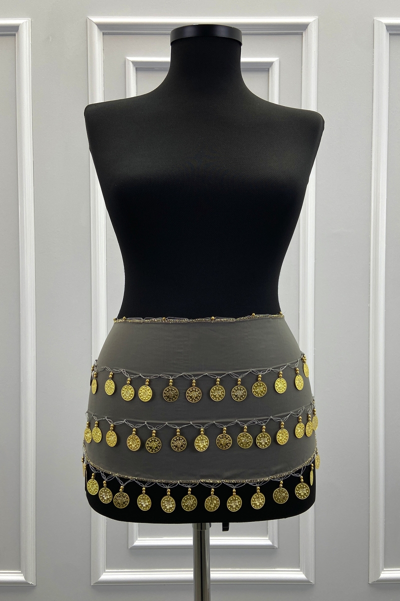 Gri Gold Şakira Oryantal Dansöz Dans Kemeri Pullu Zilli Kına Oyun Eğlence Düğün Shakira Kemer