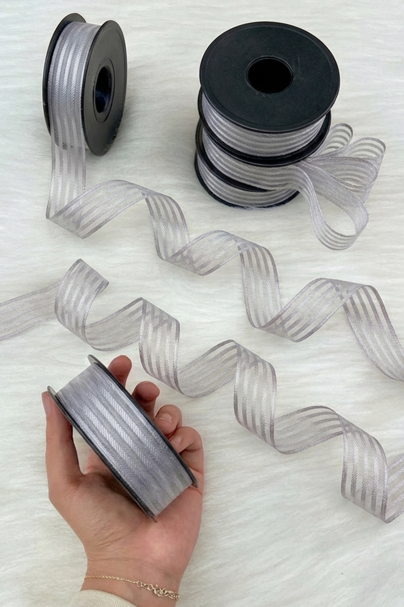 Gri Hilton Çizgili Şifon Kurdele 2,5 cm 20 mt, Gelin, Damat, Bohça, Nişan, Çeyiz, Hediye, Süsleme