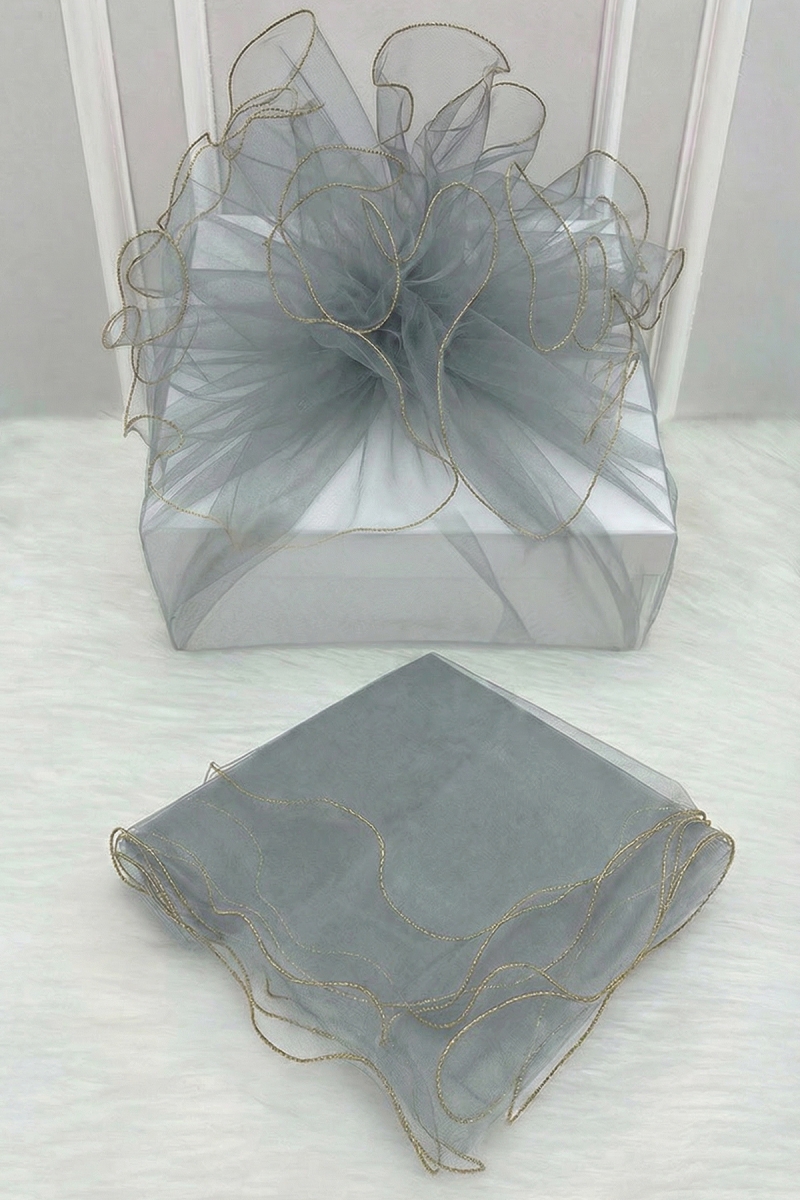 Gri Süsleme Tülü, Gold Kenar Bohça Çeyiz Gelin Damat Söz Nişan Nikah Valiz Hediye Süsü 150x150cm