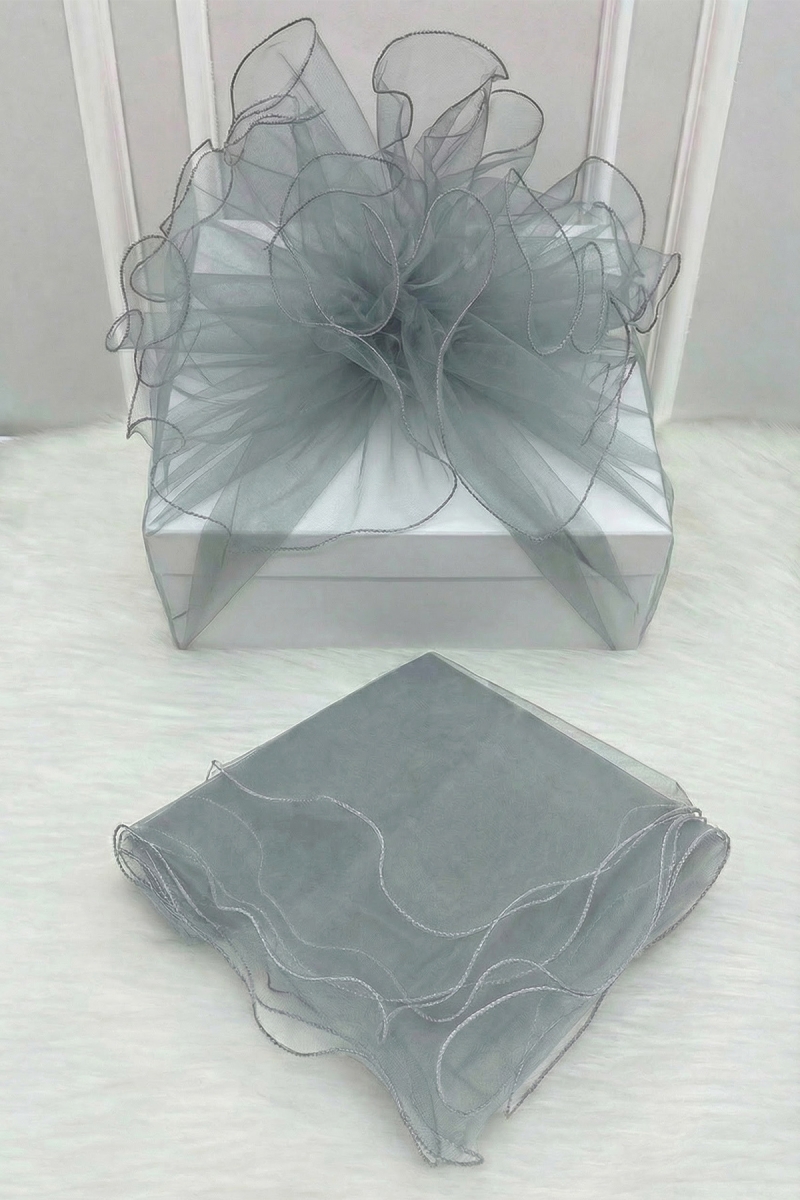 Gri Süsleme Tülü, Gri Kenar Bohça Çeyiz Gelin Damat Söz Nişan Nikah Valiz Hediye Süsü 150x150cm